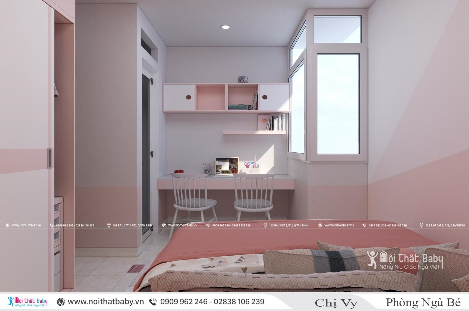 Thiết kế phòng ngủ bé gái màu hồng dễ thương